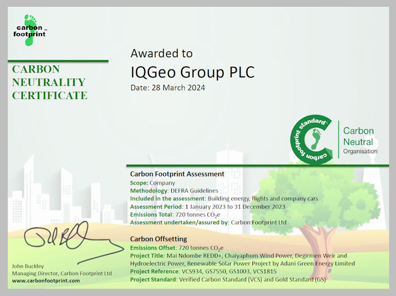 IQGeo Carbon Neutral Organization certificate 2024