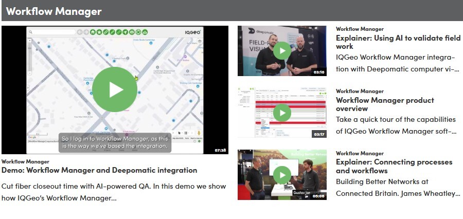 Screen shot of the Workflow Manager video library that includes a selection of videos with play buttons and text