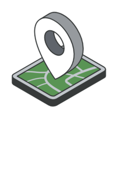 Icon style image of a green map on a tablet with a white map pin