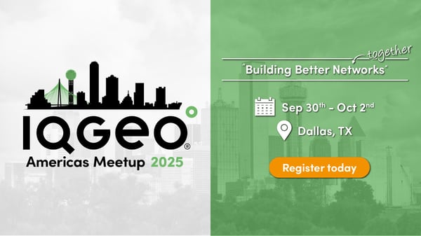 IQGeo Americas Meetup logo with text to the right with the date and location, and an orange call to action to register