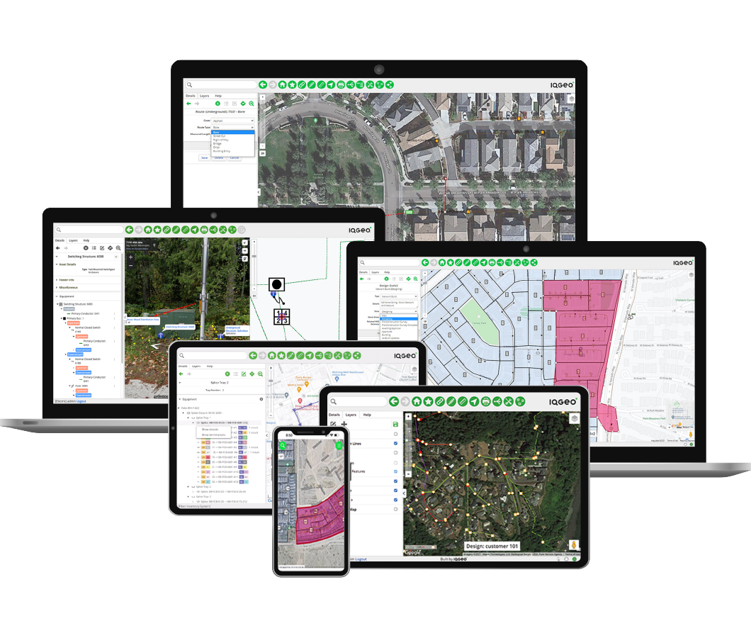 Product screen shots of IQGeo's AI-powered geospatial network management software