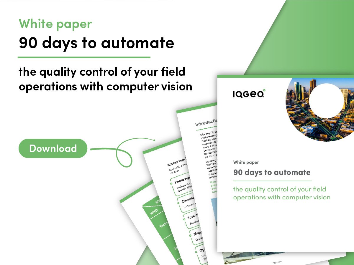 IQGeo white paper promo: “90 days to automate” with green download button and document stack