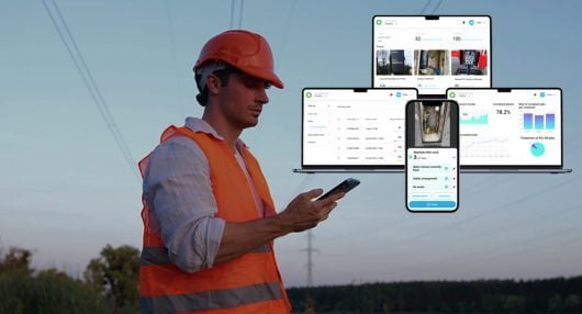 Deepomatic Lens product screen shots and utility field worker with a tablet
