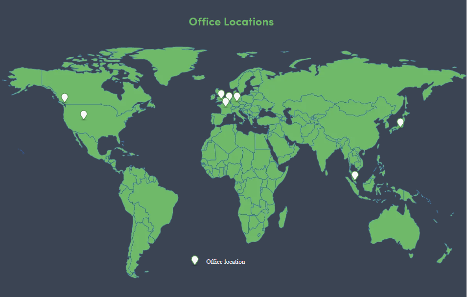 IQGeo office locations on a green map and dark grey background