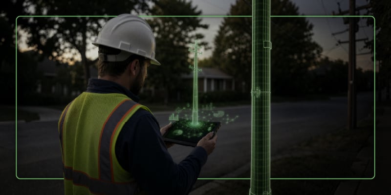A utility field worker in a hi-vis vest and hard hat uses a tablet at dusk, with a glowing green holographic overlay visualising network infrastructure data from a nearby utility pole.