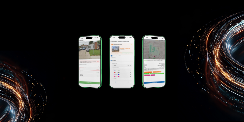 Three smartphones showing IQGeo mobile app screens on a dark background with glowing light effects.