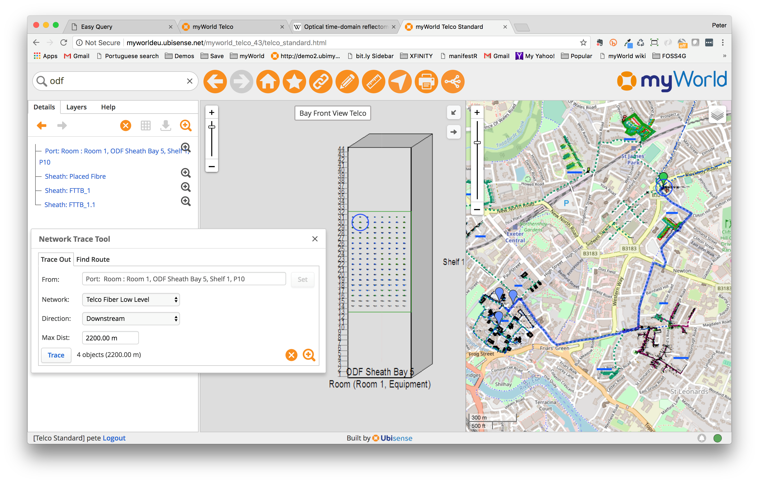 An OTDR trace calculating a location that is 2200m along the fiber running from the selected port in the cabinet